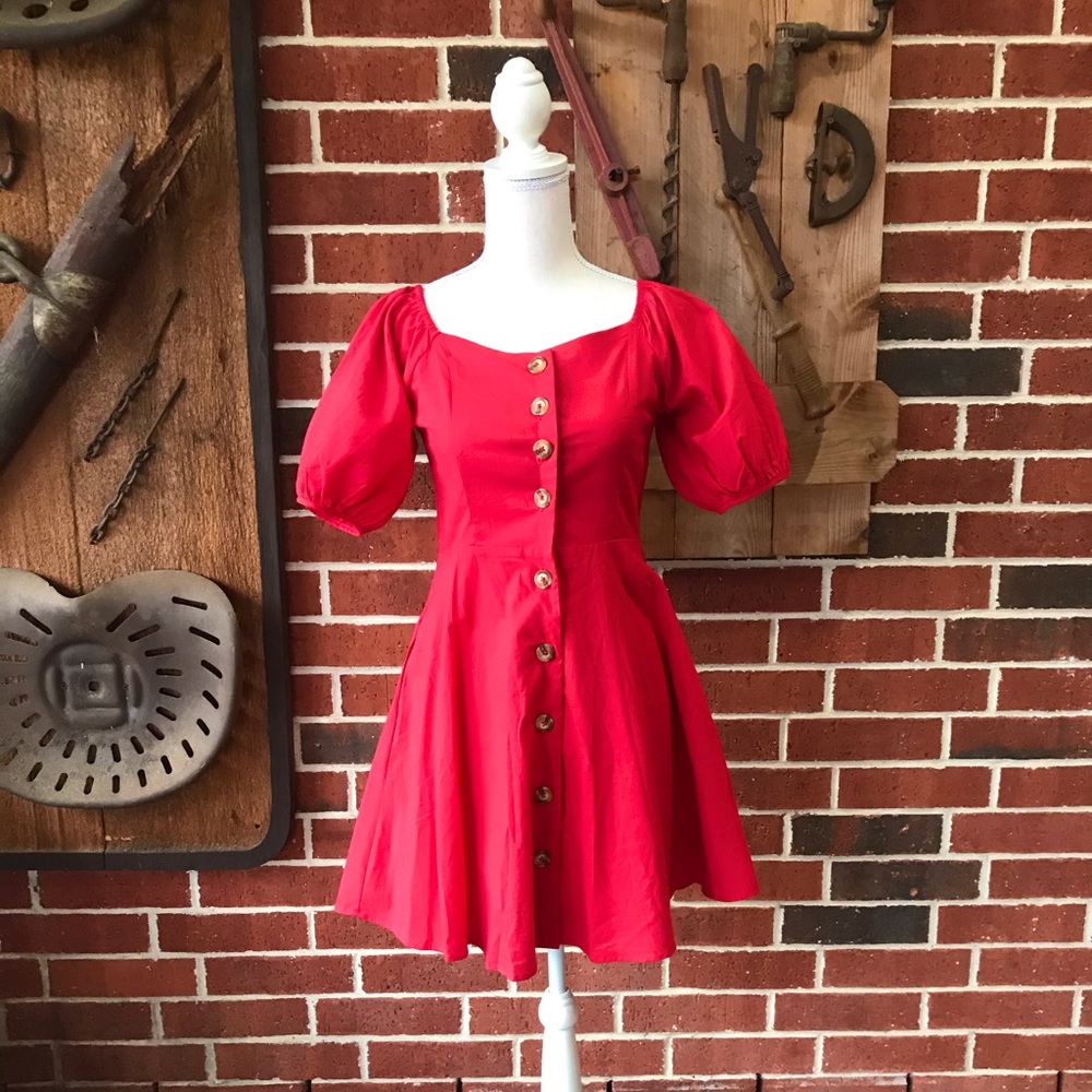 Red Button Down Dress with Poofed Sleeves
